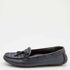 Bottega Veneta Metallic Dark Grey Intrecciato Leather Bow Slip On Loafers Size 36.5