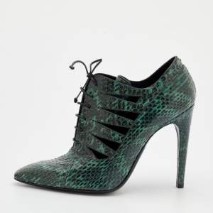 Pre Owned Bottega Veneta Green/Black Snakeskin Leather Cut Out Lace-Up Booties Size 40