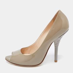 Pre Owned Bottega Veneta Grey Patent Leather Intrecciato Heel Peep Toe Pumps Size 36.5