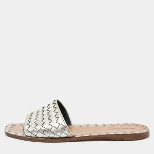 Pre Owned Bottega Veneta Silver Intrecciato Leather Flat Slides Size 39