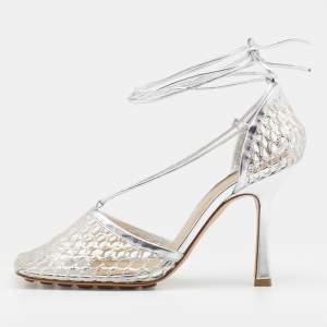 Pre Owned Bottega Veneta Silver Stretch Mesh And Leather Ankle Tie Sandals Size 37