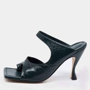 Pre Owned Bottega Veneta Dark Green Leather Square Toe Mule Sandals Size 40