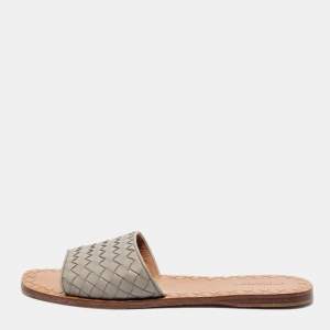 Pre Owned Bottega Veneta Grey Intrecciato Leather Flat Slides Size 39