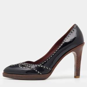 Pre Owned Bottega Veneta Black Patent Leather Wild Stitch Platform Pumps Size 38