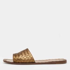 Pre Owned Bottega Veneta Metallic Gold Intrecciato Leather Flat Slide Sandals Size 39