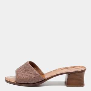 Pre Owned Bottega Veneta Old Rose Pink Intrecciato Leather Block Heel Slide Sandals Size 37