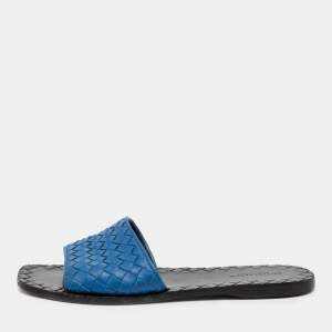 Pre Owned Bottega Veneta Blue Intrecciato Leather Flat Slides Size 38