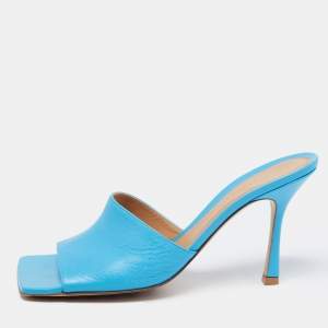 Pre Owned Bottega Veneta Blue Leather Stretch Mules Size 40.5