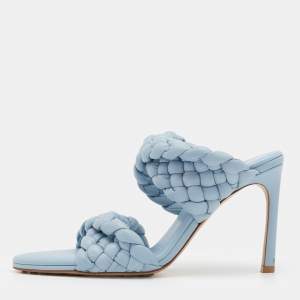 Pre Owned Bottega Veneta Light Blue Leather BV Curve Mules Size 39