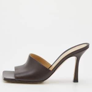 Pre Owned Bottega Veneta Brown Leather Stretch Square-Toe Slide Sandals Size 38.5