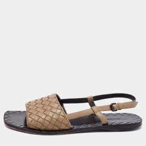 Pre Owned Bottega Veneta Brown Intreciatto Leather Calvados Slingback Flats Size 37