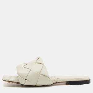 Pre Owned Bottega Veneta Off-White Quilted Leather Lido Flat Slides Size 38.5