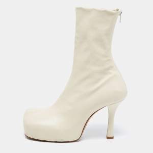 Pre Owned Bottega Veneta Cream Leather Square Toe Mid-Calf Boots Size 38.5