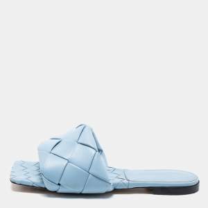 Pre Owned Bottega Veneta Blue Intrecciato Leather Lido Flat Slide Sandals Size 40.5