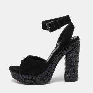 Pre Owned Bottega Veneta Black Intrecciato Suede Coated Espadrille Platform Sandals Size 36.5