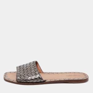 Pre Owned Bottega Veneta Metallic Grey Intrecciato Leather Flat Slides Size 41