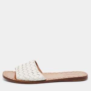 Pre Owned Bottega Veneta White Intrecciato Leather Flat Slides Size 37