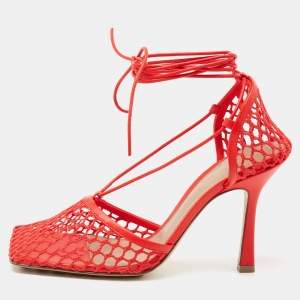 Pre Owned Bottega Veneta Red Mesh and Leather Square Toe Ankle Wrap Pumps Size 38.5