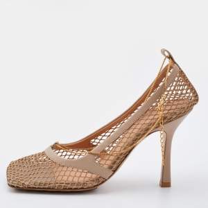 Pre Owned Bottega Veneta Beige Mesh and Leather Stretch Chain Ankle Strap Pumps Size 38