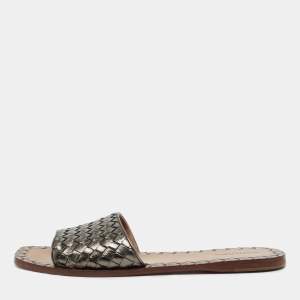 Pre Owned Bottega Veneta Metallic Intrecciato Leather Flat Slides Size 42