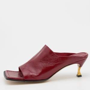 Pre Owned Bottega Veneta Burgundy Leather Stretch Square Toe Kitten Heel Mules Size 40