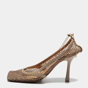 Pre Owned Bottega Veneta Beige Mesh and Leather Stretch Slingback Pumps Size 37