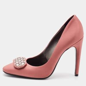 Pre Owned Bottega Veneta Coral Pink Satin Crystal Embellished Pumps Size 38