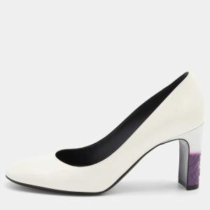 Pre Owned Bottega Veneta White/Purple Patent Leather Intrecciato Detail Block Heel Pumps Size 37