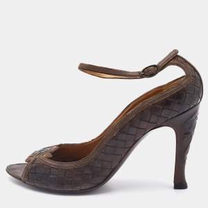 Bottega Veneta Dark Brown Intrecciato Leather Ankle Strap Pumps Size 38.5