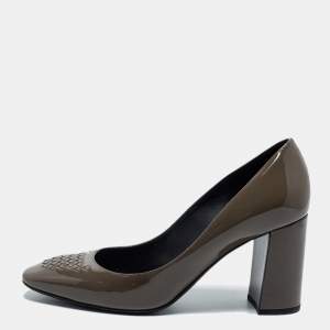 Pre Owned Bottega Veneta Olive Green Patent Leather Intrecciato Detail Block Heel Pumps Size 38.5