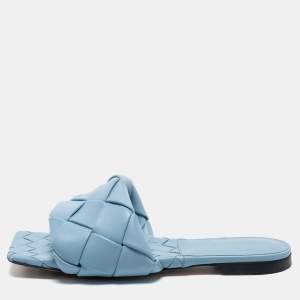 Bottega Veneta Blue Intrecciato Leather Lido Slide Sandals Size 39.5