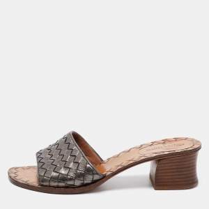Pre Owned Bottega Veneta Metallic Intrecciato Leather Block Heel Slide Sandals Size 35.5