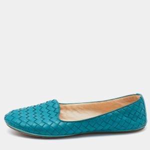 Pre Owned Bottega Veneta Teal Blue Intrecciato Leather Ballet Flats Size 37.5
