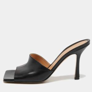 Pre Owned Bottega Veneta Black Leather Square Toe Slide Sandals Size 37.5
