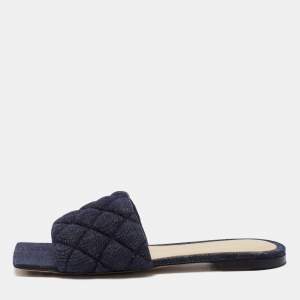 Pre Owned Bottega Veneta Navy Blue Quilted Denim Padded Slide Flats Size 37
