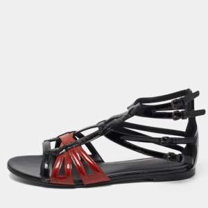 Pre Owned Bottega Veneta Black/Brown Patent Leather Flat Strappy Sandals Size 39.5