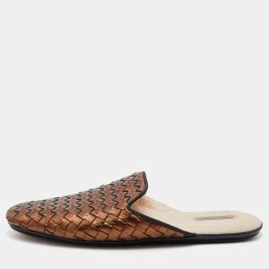 Pre Owned Bottega Veneta Metallic Brown Intrecciato Leather Flat Mules Size 37