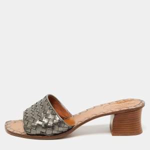 Pre Owned Bottega Veneta Metallic Grey Intrecciato Leather Ravello Slide Sandals Size 40
