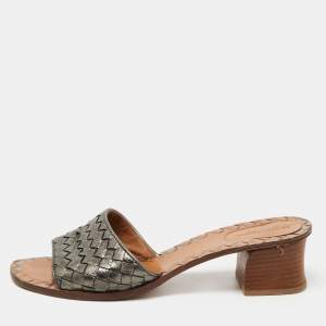 Pre Owned Bottega Veneta Metallic Grey Intrecciato Leather Ravello Slide Sandals Size 40