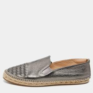 Pre Owned Bottega Veneta Metallic Dark Grey Intrecciato Leather Espadrille Flats Size 40