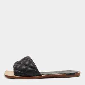 Pre Owned Bottega Veneta Black Leather Flat Slides Size 38 