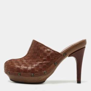Bottega Veneta Brown Intrecciato Leather Wooden Platform Clogs Size 37