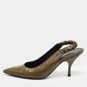 Pre Owned Bottega Veneta Olive Green Leather Slingback Pumps Size 37.5