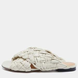 Pre Owned Bottega Veneta Beige Nappa Intrecciato Leather The Board Flat Slides Size 39