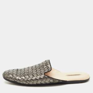 Pre Owned Bottega Veneta Metallic Bronze Leather Intrecciato Mules 39