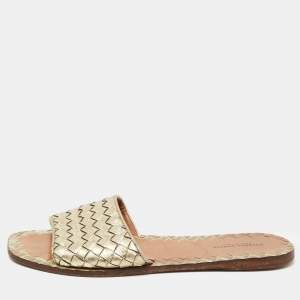 Pre Owned Bottega Veneta Gold Intrecciato Leather Flat Slides Size 38.5