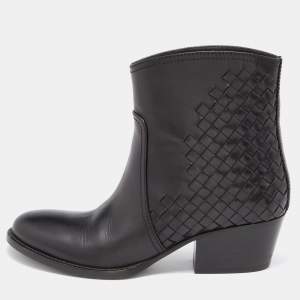 Bottega Veneta Black Intrecciato Leather Block Heel Ankle Boots Size 36.5