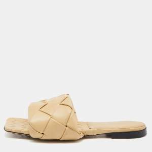 Bottega Veneta Beige Intrecciato Leather Lido Flat Slides Size 38 