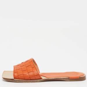 Pre Owned Bottega Veneta Orange/Beige Intrecciato Leather Square Toe Flat Slides Size 37