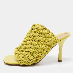 Pre Owned Bottega Veneta Yellow Woven Leather Board Mule Sandals Size 39.5